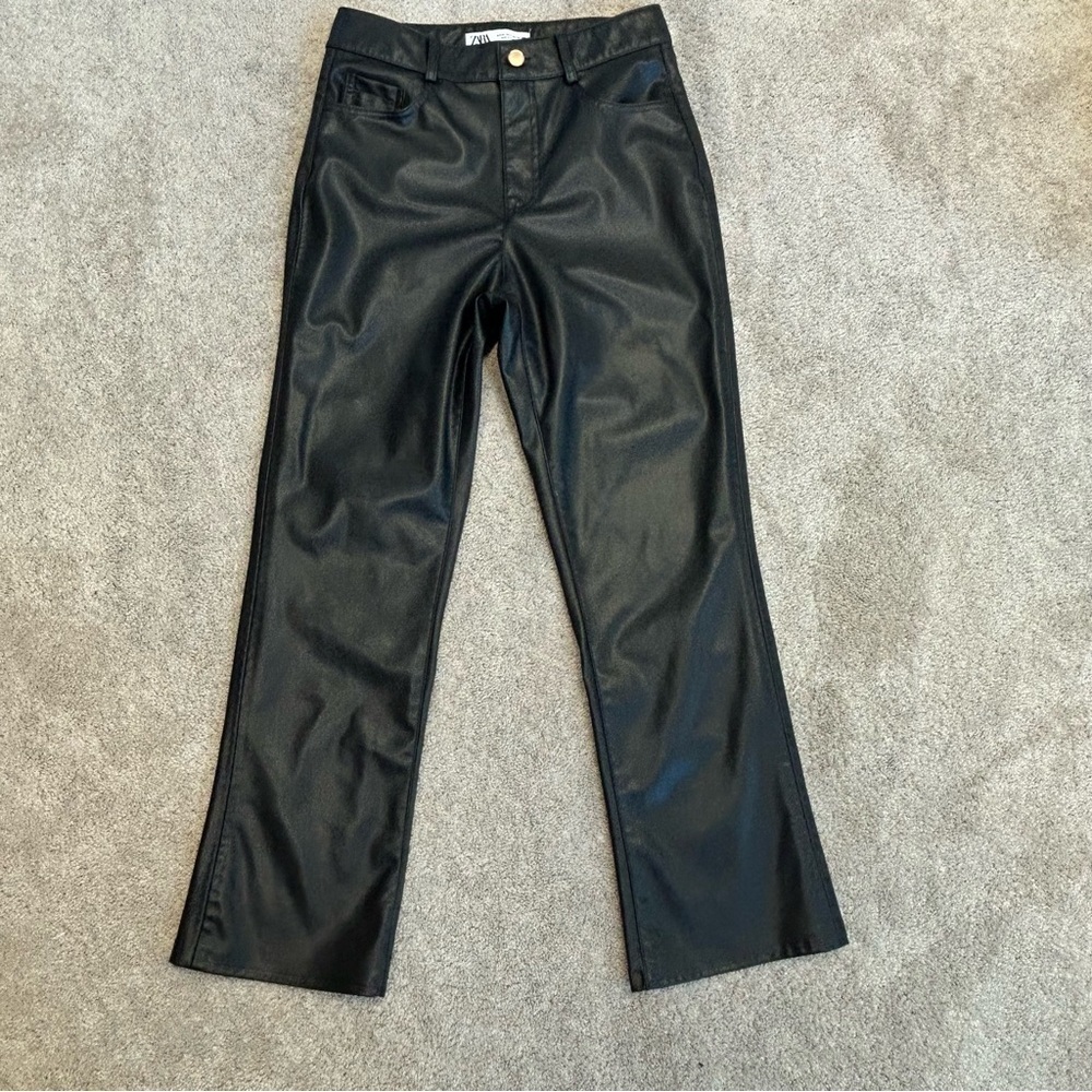 Zara Black Faux Leather Pleather Vegan Cropped Mini Flare Trousers pants 4 NWOT